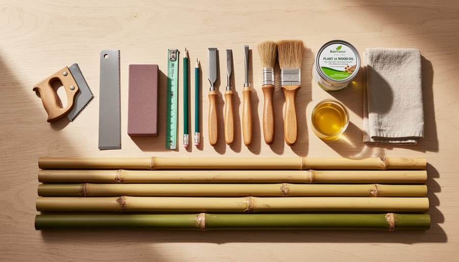 Bamboo DIY materials and tools organized on a workshop table.