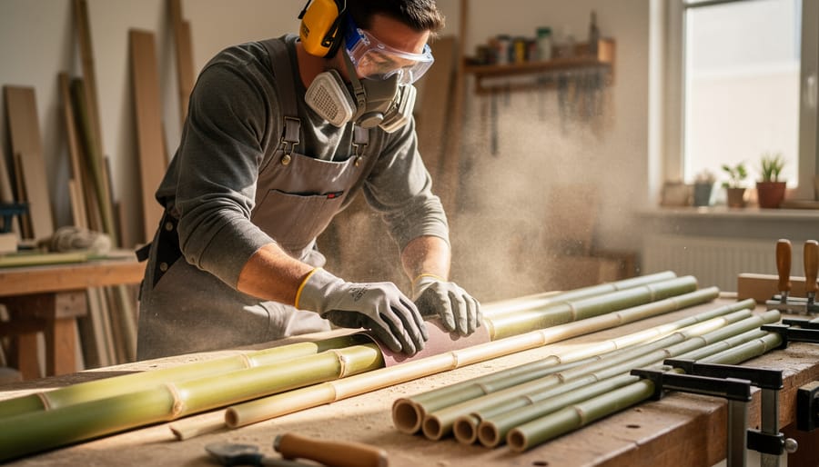 Person wearing safety glasses and gloves cleaning and preparing bamboo for crafting.