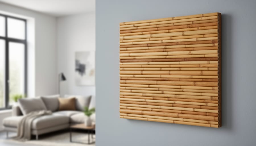 Geometric bamboo wall art panel displayed on a living room wall.
