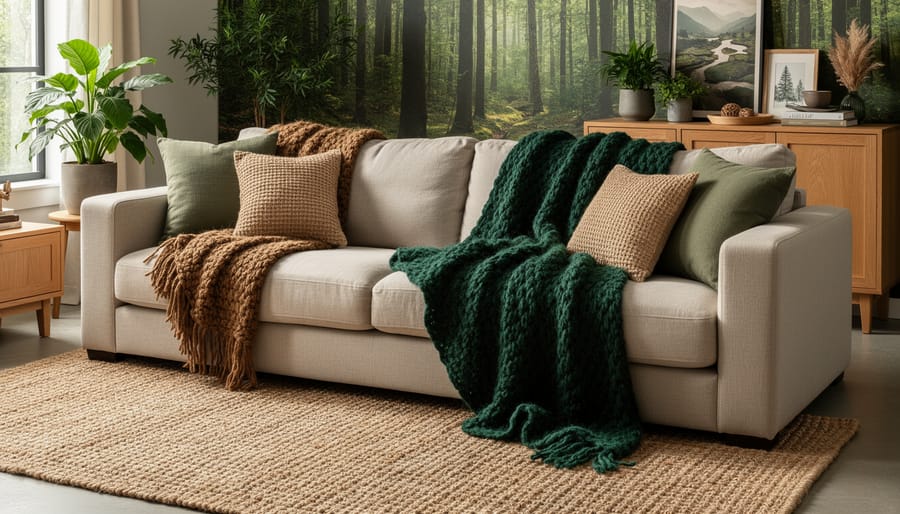 Close-up view of layered natural-textile decor in a forest-inspired bedroom with warm lamp light and a jute rug.