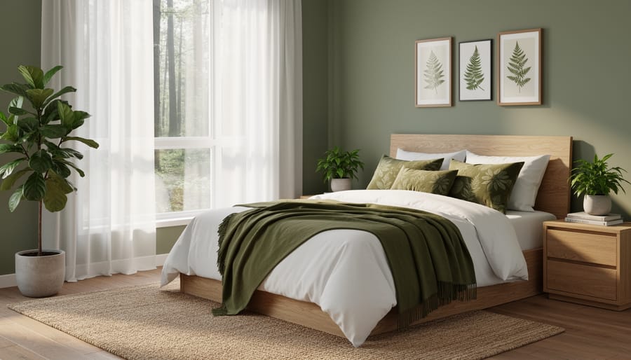 Forest-inspired bedroom with botanical wallpaper, linen bedding, and warm natural wood furniture in soft morning light.